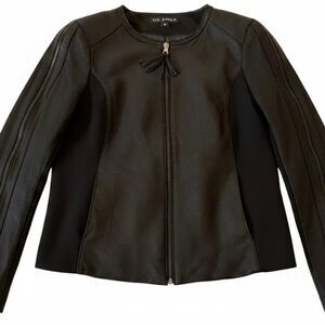 Via Spiga Women's Zip Collarless Jacket with Knit Trim Black Outerwear, Small